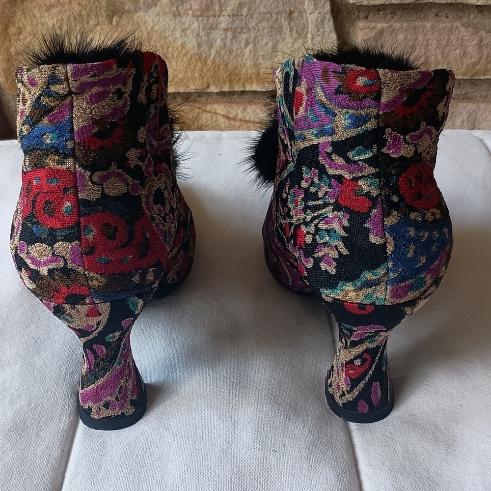 Baci Colorful Patterned Victorian Style Ankle Boots with Black MINK Fur Trim_6 - Picture 2 of 7